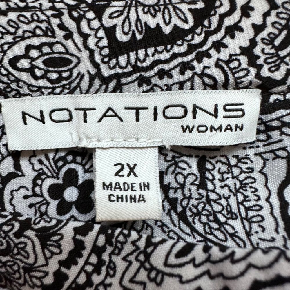 Notations Black White Paisley Long Tab Sleeve Blouse Women Size 2X - Picture 5 of 9